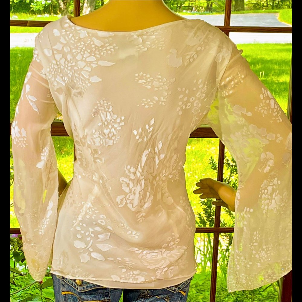 ▪️ADRIANNA PAPELL▪️Bead Embellished Floral Overlay Silk Blend Evening Blouse - Picture 2 of 11
